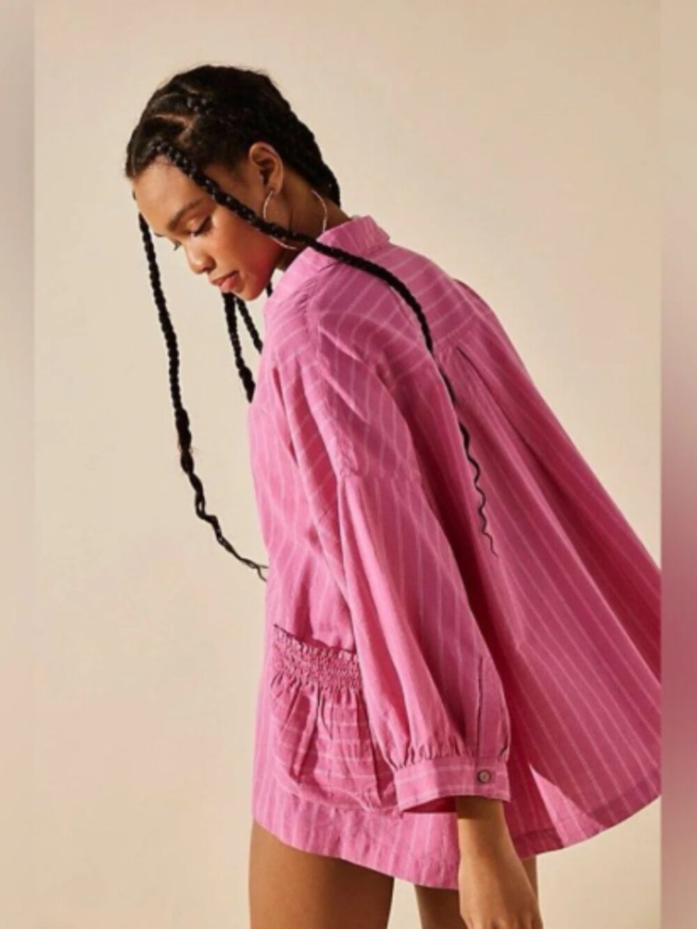 Free People Just Like Me Shirt Pink Striped Lagenlook Boho Beach Oversized M - Picture 2 of 7